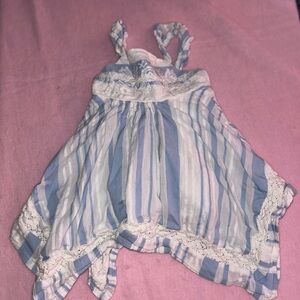 Striped Blue and White Dress with Lace Trim